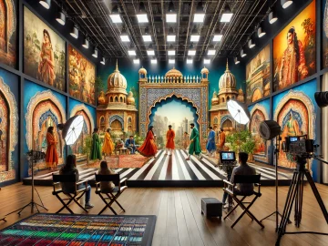 A modern, stylish Bollywood film set depicting a behind-the-scenes look at an upcoming movie featuring new actors. 