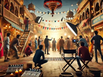 A bustling Bollywood film set showcasing the behind-the-scenes action of crafting a blockbuster.