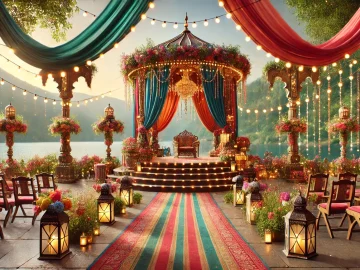 traditional Indian elements like colorful drapes, lanterns, and floral decorations, creating an enchanting atmosphere. It includes a beautifully decorated gazebo and a path lined with lights and flowers, typical of a romantic film scene.