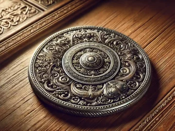 an Indian coin with traditional designs and inscriptions placed on a wooden background. 