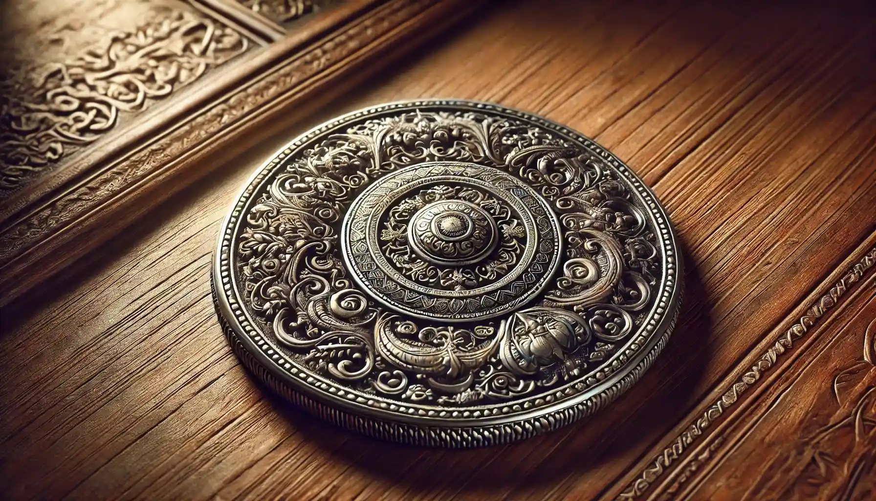 an Indian coin with traditional designs and inscriptions placed on a wooden background. 