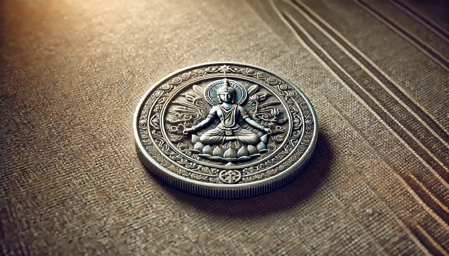 an Indian coin featuring intricate engravings, placed on a textured surface