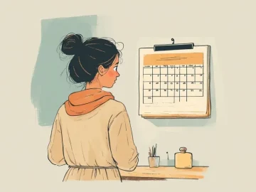 A woman stands with her back to the calendar and looks at it.