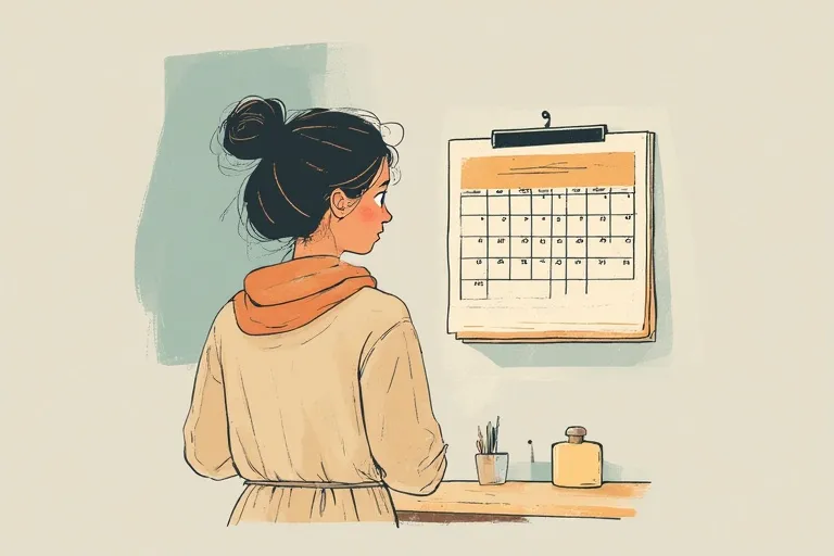 A woman stands with her back to the calendar and looks at it.