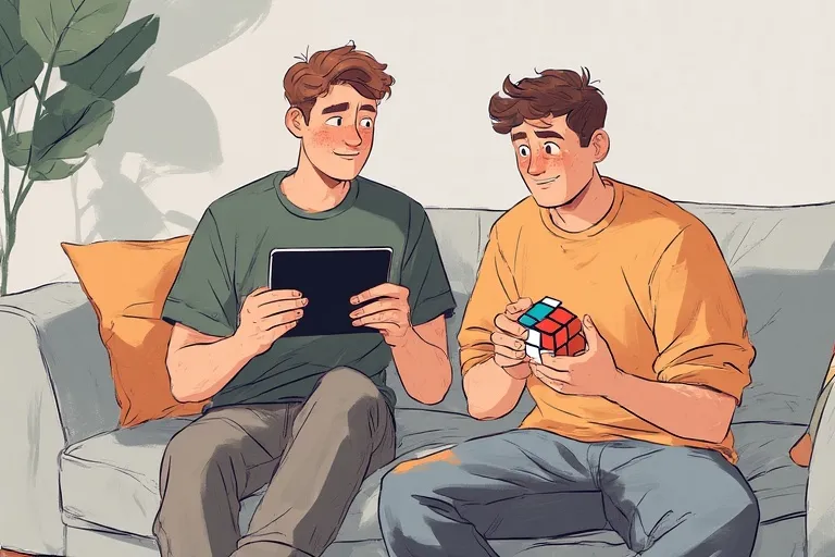 One man is sitting on the couch with a tablet in his hands and the other is sitting next to a Rubik's cube in his hands