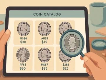 A collector observes the coin catalog on a tablet.