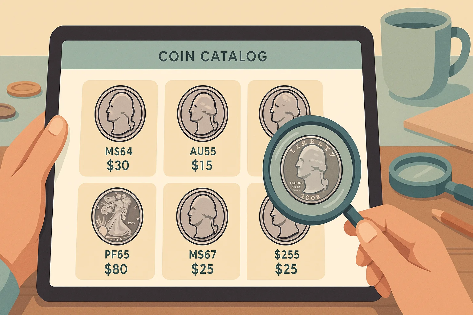 A collector observes the coin catalog on a tablet.