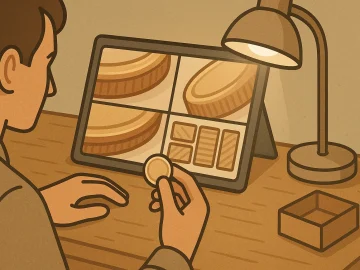 A collector selects the best photos for his coin.