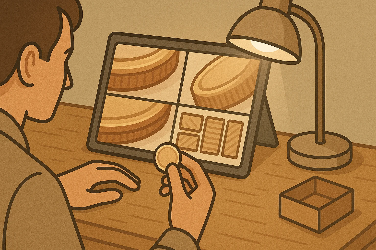 A collector selects the best photos for his coin.